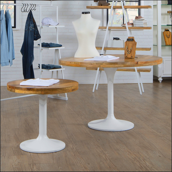 Eco Friendly Round Mango Wood Top Table, Round Display Table Retail