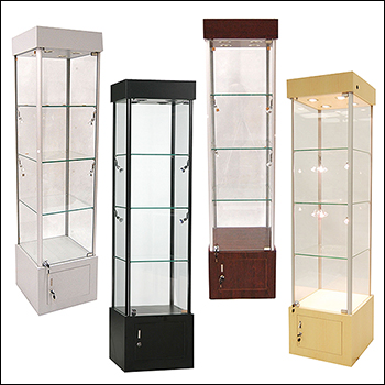 Economy Glass Tower Showcase with Storage Base -LED Lights - Multiple Finish Options