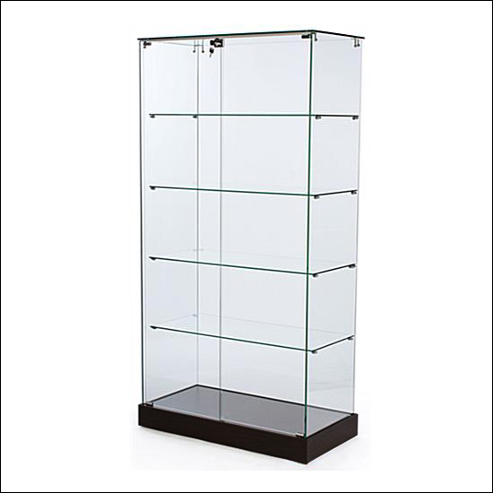 Black Rectangular 36 Inch Tempered Glass Tower Showcase with Locks and Shelves 